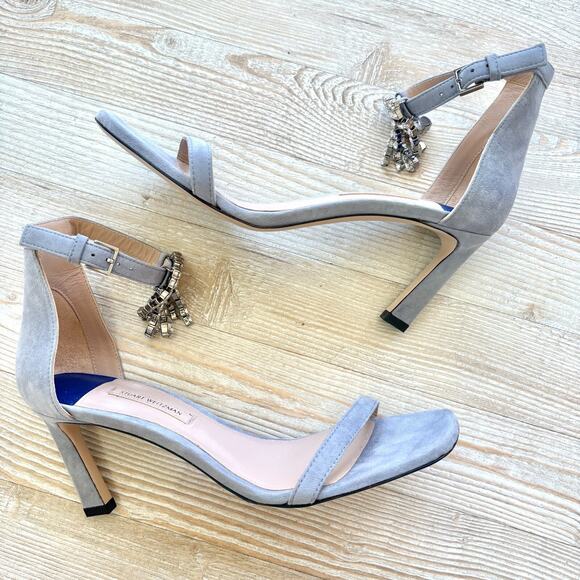 Stuart Weitzman Suede Stiletto Heel Rhinestone Waterfall Sandals | Blue 8.5 - Picture 2 of 8